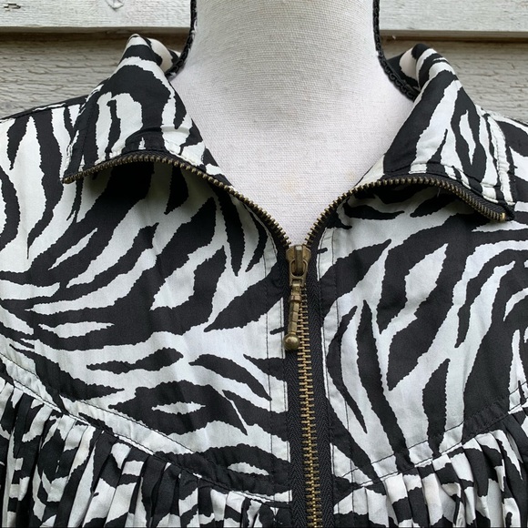 Vintage 80s Silk Zebra Print Fringe Trim Long Sleeve Zip Front Collared Jacket - Picture 6 of 16